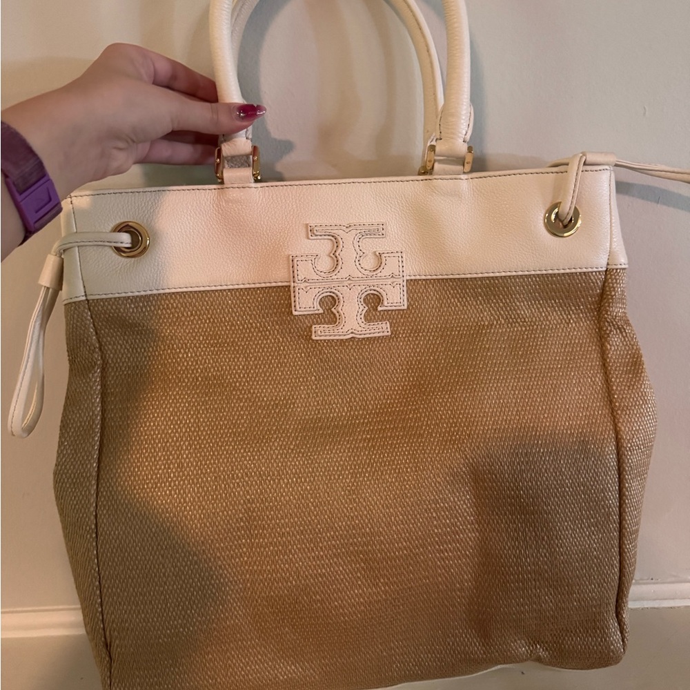 Tory Burch Cream and Tan Tote Bag with Structured Handles